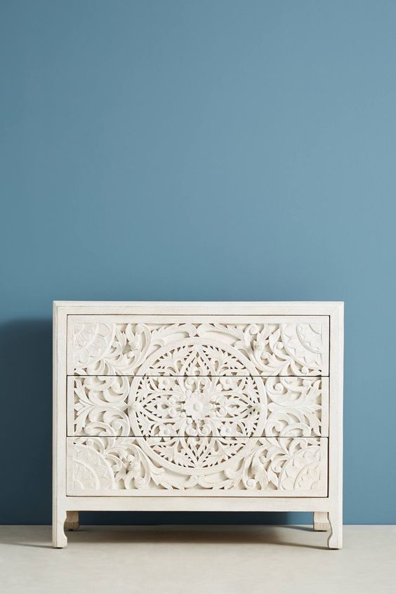 White wooden carved 3 drawer dresser from Anthropologie