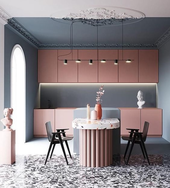 Modern contrasting traditional detailed kitchen two tone ceiling with blush cabinetry and terrazzo floors