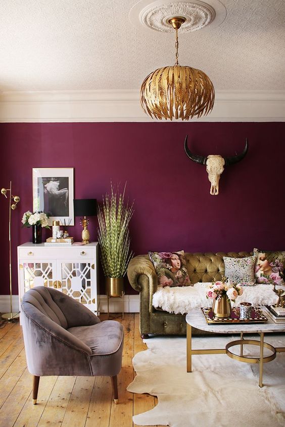Moody Room Designs That You Will Love For The Winter Season - Rich Mulberry Painted Living Room
