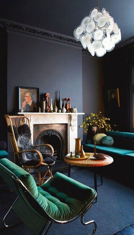 Dark Blue Living Room with Emerald Green Sofas