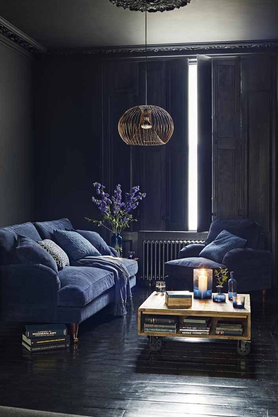 Moody Room Designs That You Will Love For The Winter Season - Black and Blue Living Room