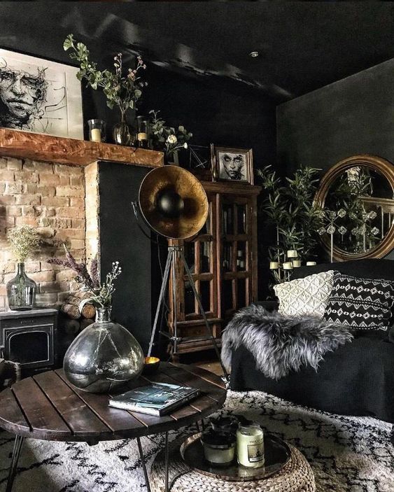 Moody Room Designs That You Will Love For The Winter Season - Maximalist Black Antiqued Living Room
