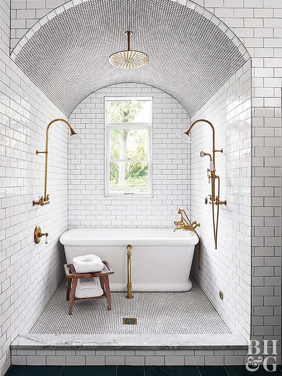 Amazing Wet Room Ideas: Top 12 - All white subway tile and gold fixtures