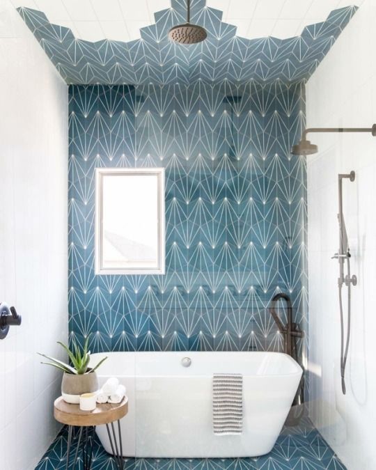 Amazing Wet Room Ideas: Top 12 - Teal tiled floor and ceiling